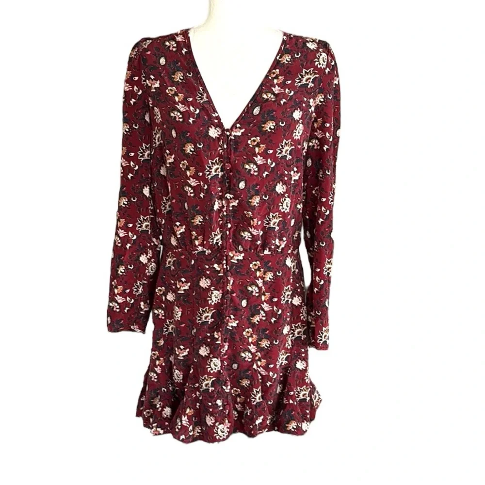 Veronica Beard Riggins Silk Floral Print Flounced Mini Dress in Bordeaux - 10